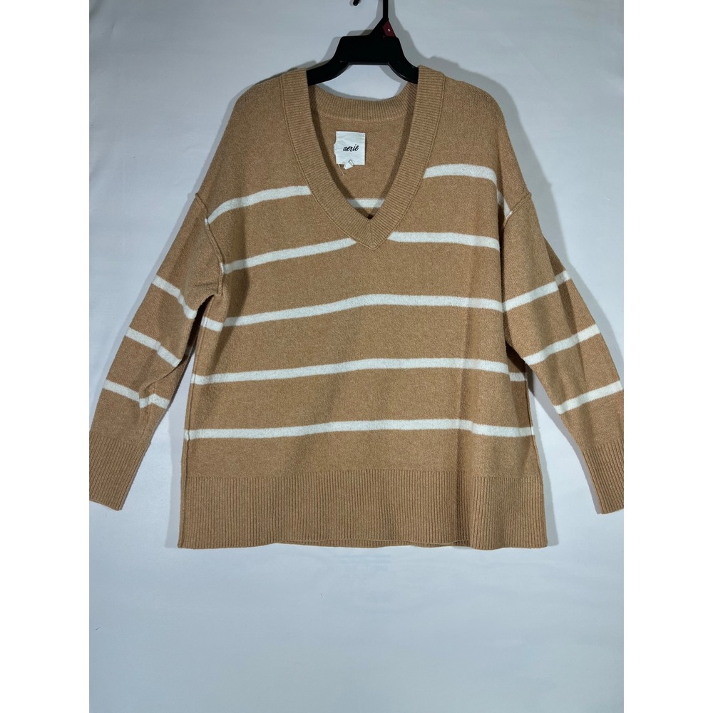 Aerie Oversized Sweater Women Sz M‎ Tan White Striped V Neck Relaxed Cozy Causal